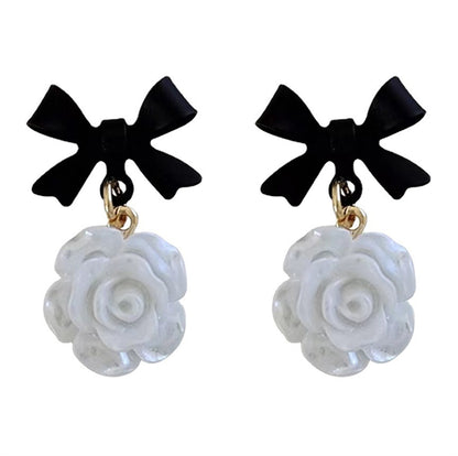 Black Enamel & Resin 18K Gold-Plated Bow Flower Drop Earrings