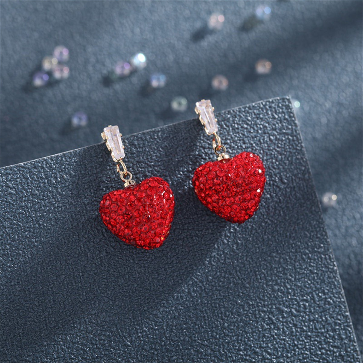 Red Cubic Zirconia and Crystal 18K Gold-Plated Heart Drop Earrings, gold drop earrings for women, front view