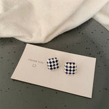 Blue & White Checkerboard Square Stud Earrings