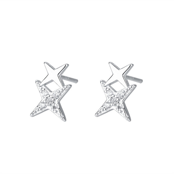 Cubic Zirconia & Silver-Plated Double Star Stud Earrings