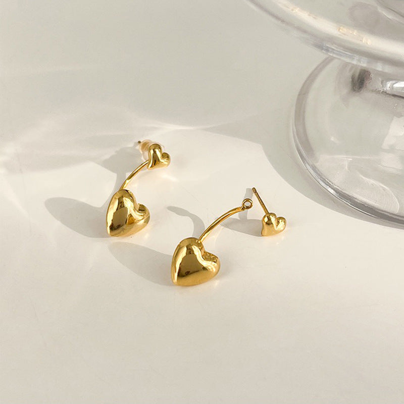 18K Gold-Plated Heart Ear Jackets, gold drop earrings for women, elegant gift for her, front view