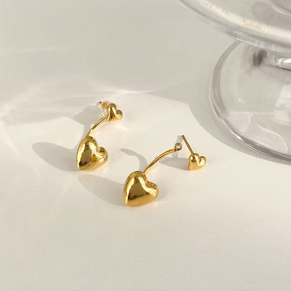 18K Gold-Plated Heart Ear Jackets, gold drop earrings for women, elegant gift for her, front view