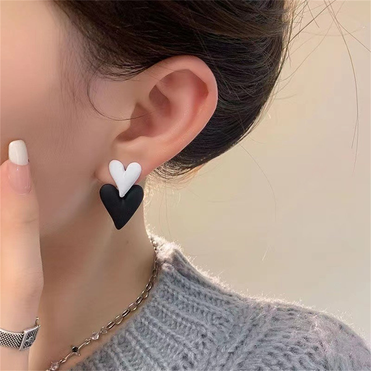 Black and White Double Heart Drop Earrings, drop earrings for women, dainty minimalist design, lifestyle look