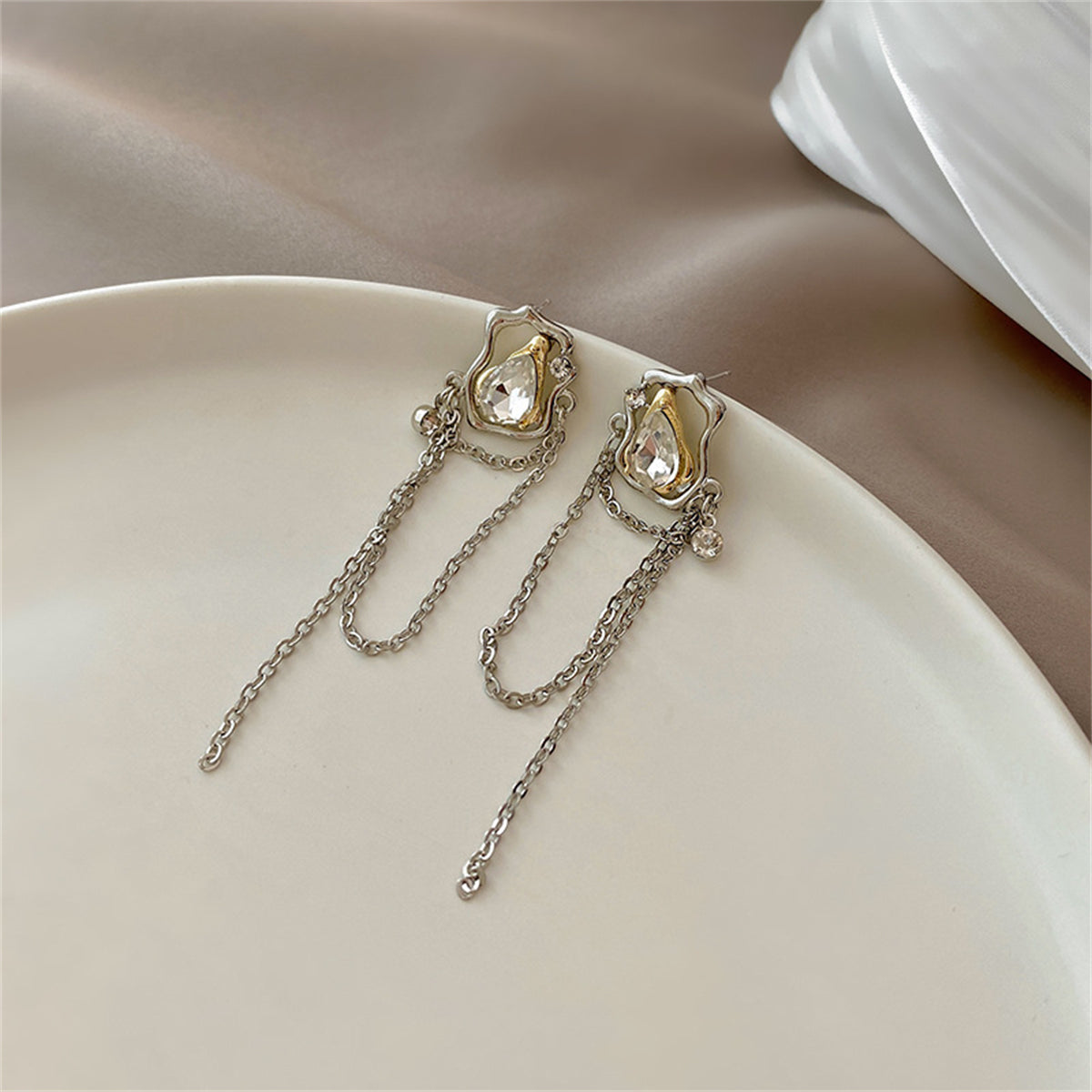 Cubic Zirconia and Crystal Abstract Chain Drop Earrings, drop earrings for women, elegant gift for her, detail close-up