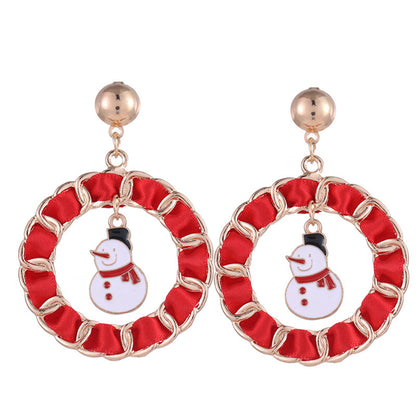 Red Enamel and Polyster 18K Gold-Plated Snowman Curb Chain Circle Drop Earrings, gold drop earrings for..., detail close-up