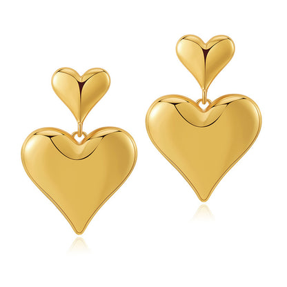 18K Gold-Plated Double Heart Drop Earrings, gold drop earrings for women, dainty minimalist design, lifestyle look
