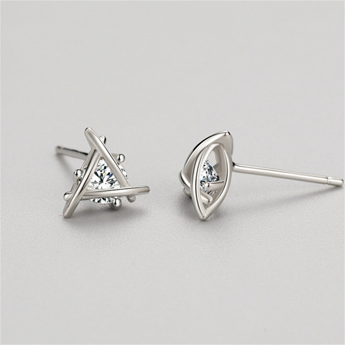 Cubic Zirconia & Silver-Plated Triangle Stud Earrings