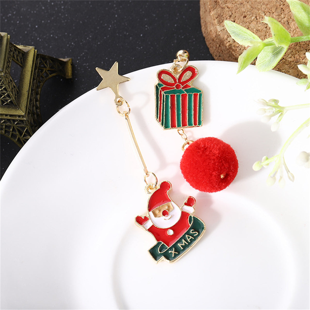 Red and 18K Gold-Plated Santa Gift Box Pom-Pom Mismatch Drop Earrings, gold drop earrings for women, side view