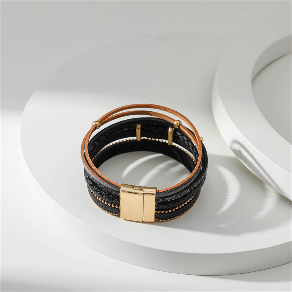 Black Polystyrene & 18K Gold-Plated Bead Line Leaf-Charm Layered Bangle