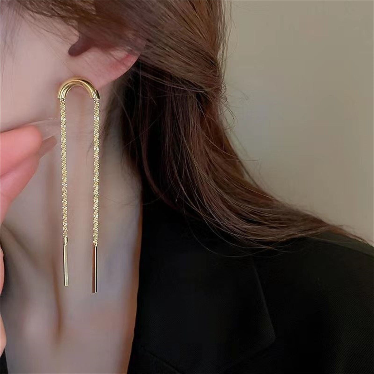 18K Gold-Plated Twine Bar Drop Earrings, gold drop earrings for women, vintage-inspired design, lifestyle look