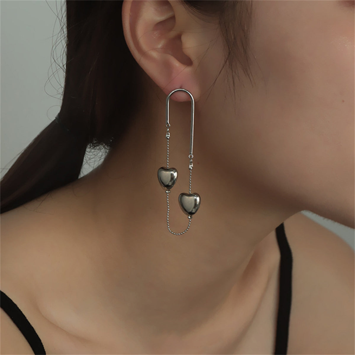 Silver-Plated Heart Chain Drop Earrings, silver drop earrings for women, vintage-inspired design, styled look