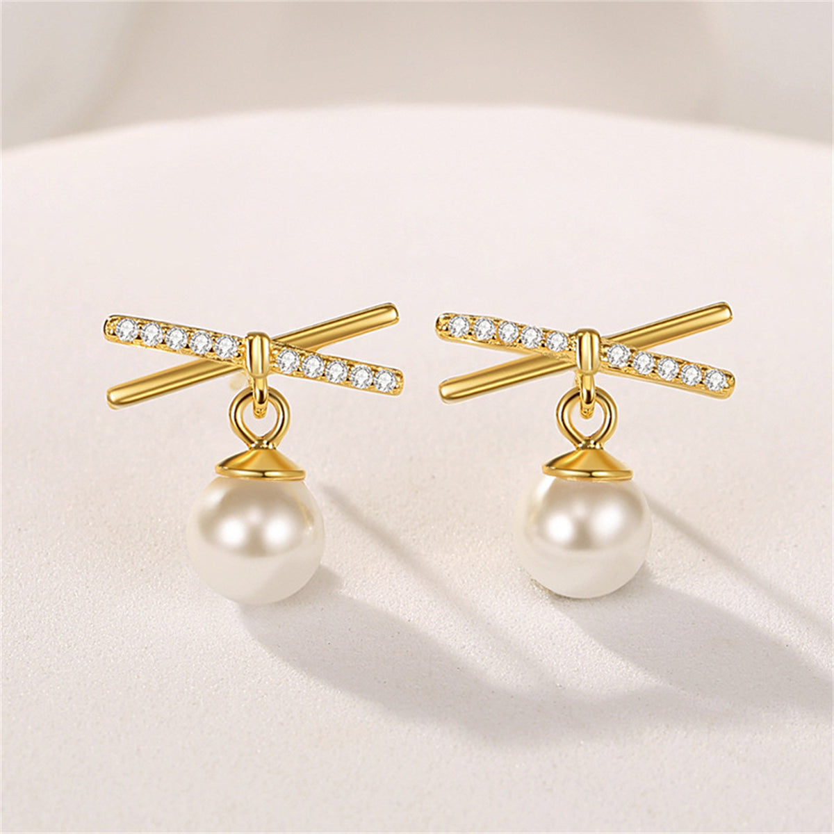 Cubic Zirconia and Pearl 18K Gold-Plated Drop Earrings, gold drop earrings for women, dainty minimalist design, front view