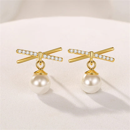 Cubic Zirconia and Pearl 18K Gold-Plated Drop Earrings, gold drop earrings for women, dainty minimalist design, front view