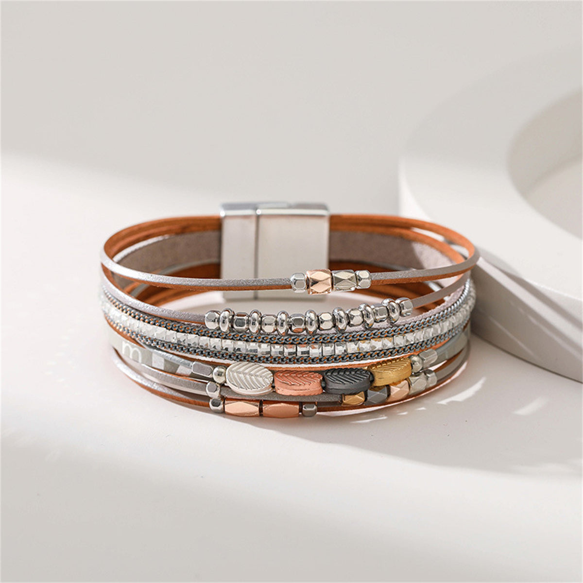 Gray Polystyrene and Silver-Plated Cubic Zirconia-Accent Leaves Layered Bracelet, silver bracelet for women, side view