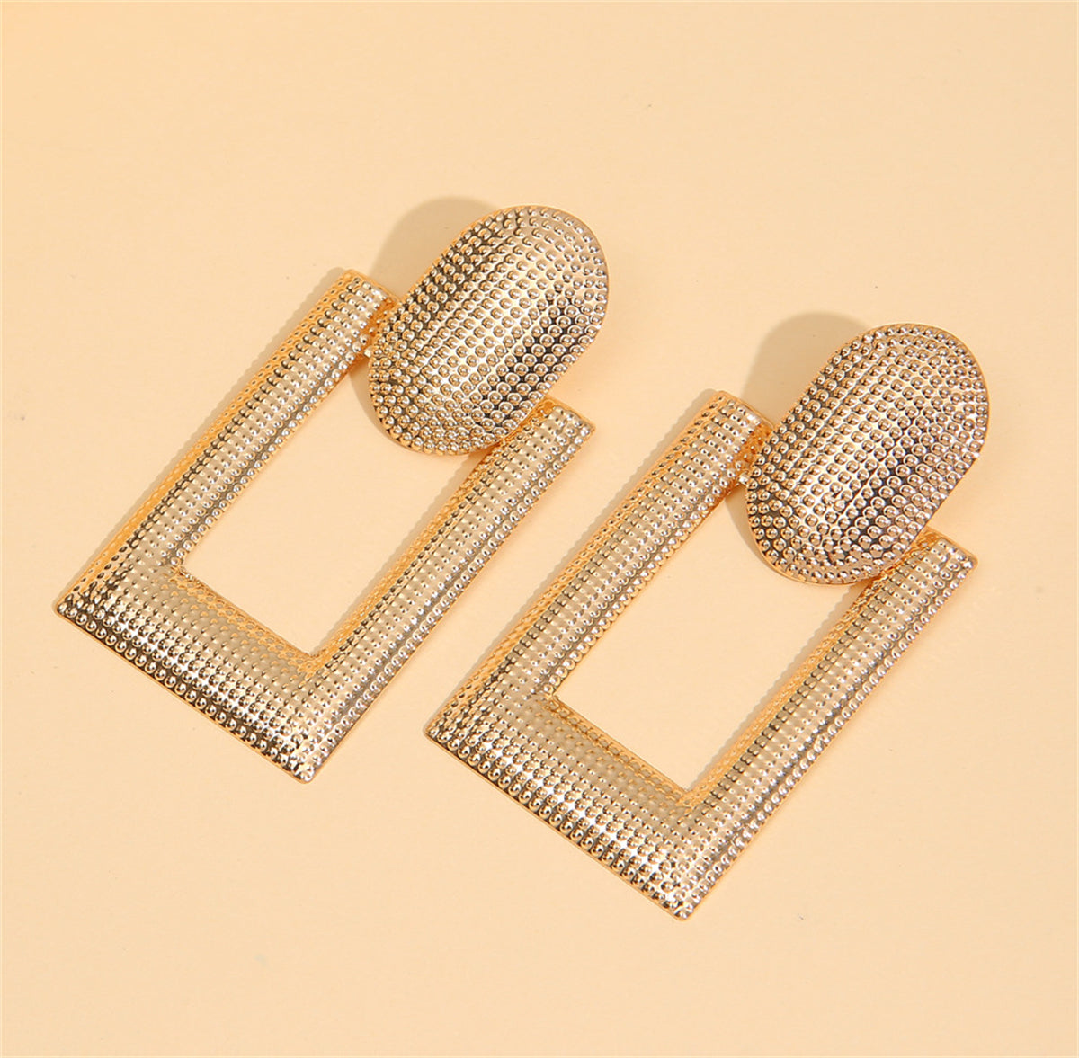 18K Gold-Plated Studded Open Rectangle Drop Earrings, gold drop earrings for women, everyday style, detail close-up