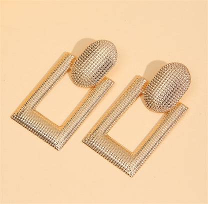 18K Gold-Plated Studded Open Rectangle Drop Earrings, gold drop earrings for women, everyday style, detail close-up