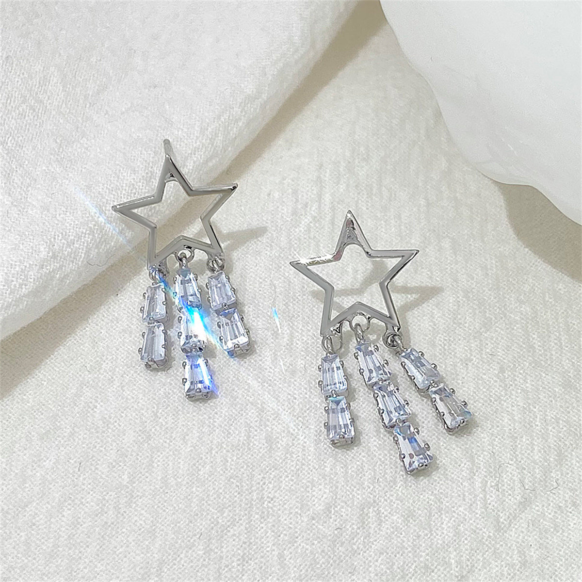 Crystal & Silver-Plated Open Star Tassel Drop Earrings