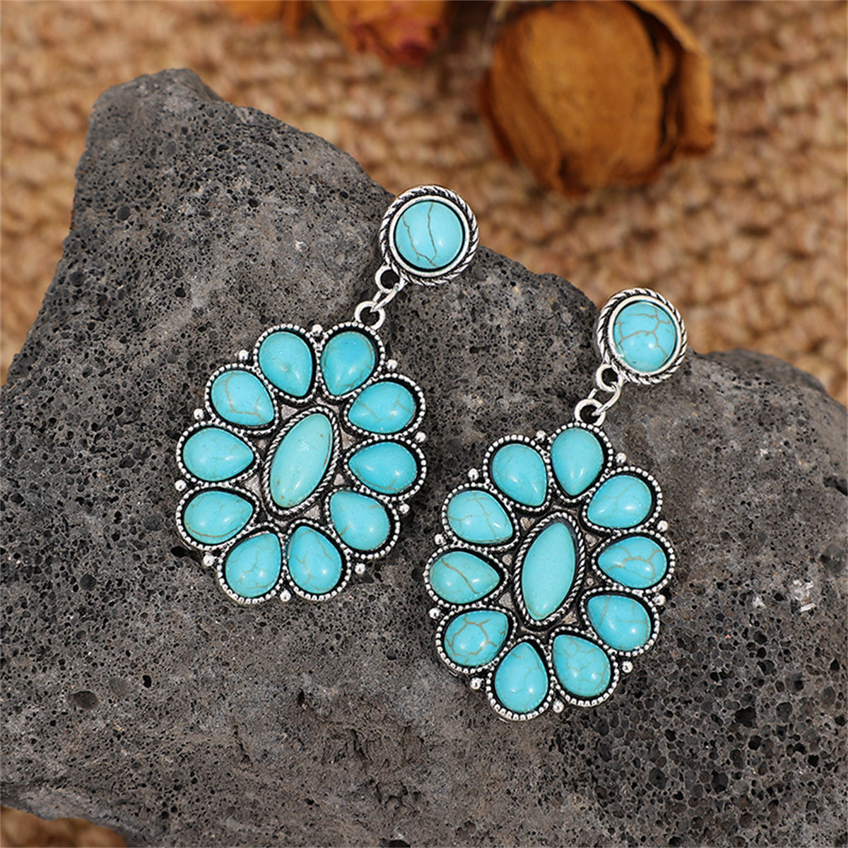 Turquoise and Silver-Plated Round Oval Drop Earrings, silver drop earrings for women, everyday style, lifestyle look
