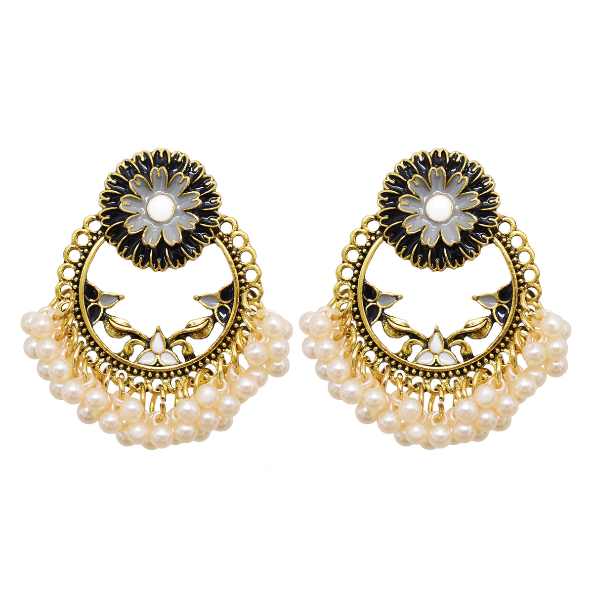 Black Enamel and Pearl 18K Gold-Plated Floral Wreath Drop Earrings, gold drop earrings for women, side view