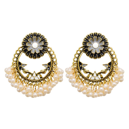 Black Enamel and Pearl 18K Gold-Plated Floral Wreath Drop Earrings, gold drop earrings for women, side view