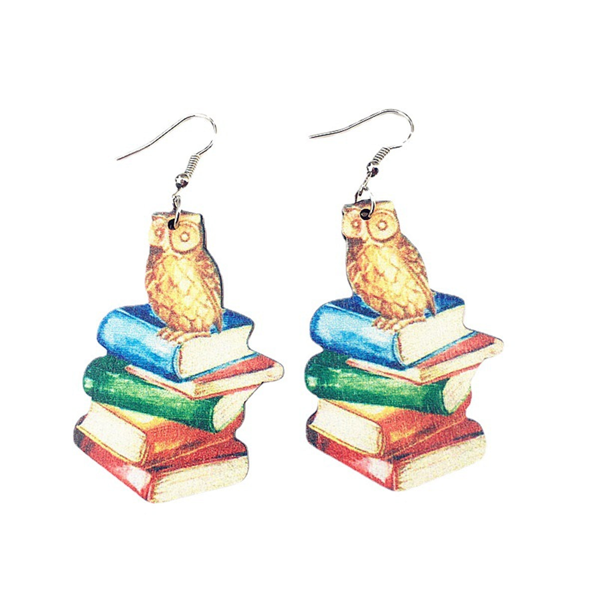 Vibrant Wood Watercolor Owl Book Drop Earrings