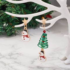 Cubic Zirconia & Enamel 18K Gold-Plated Tree & Snowman Mismatched Drop Earrings