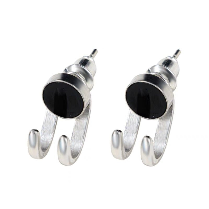Silver-Plated and Black Hook Ear Jackets, silver stud earrings for women, everyday style, detail close-up