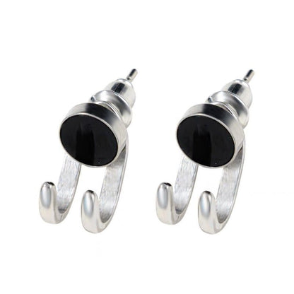 Silver-Plated and Black Hook Ear Jackets, silver stud earrings for women, everyday style, detail close-up