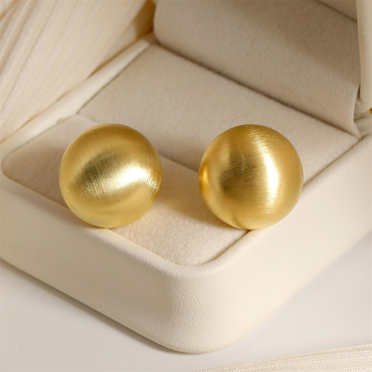 18K Gold-Plated Frosted Round Stud Earrings, gold stud earrings for women, botanical inspired, detail close-up
