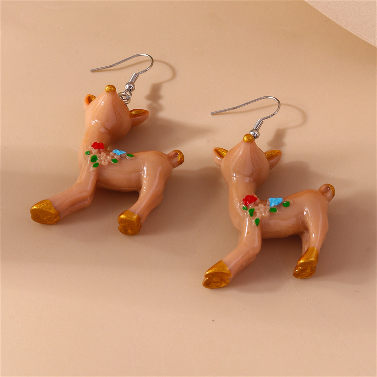 Brown & Silver-Plated Flower Deer Drop Earrings
