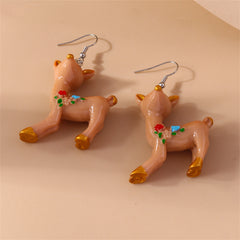 Brown & Silver-Plated Flower Deer Drop Earrings
