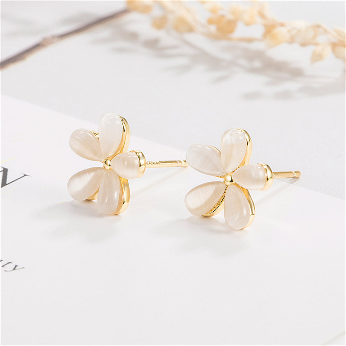 Cateye & 18K Gold-Plated Floral Stud Earrings