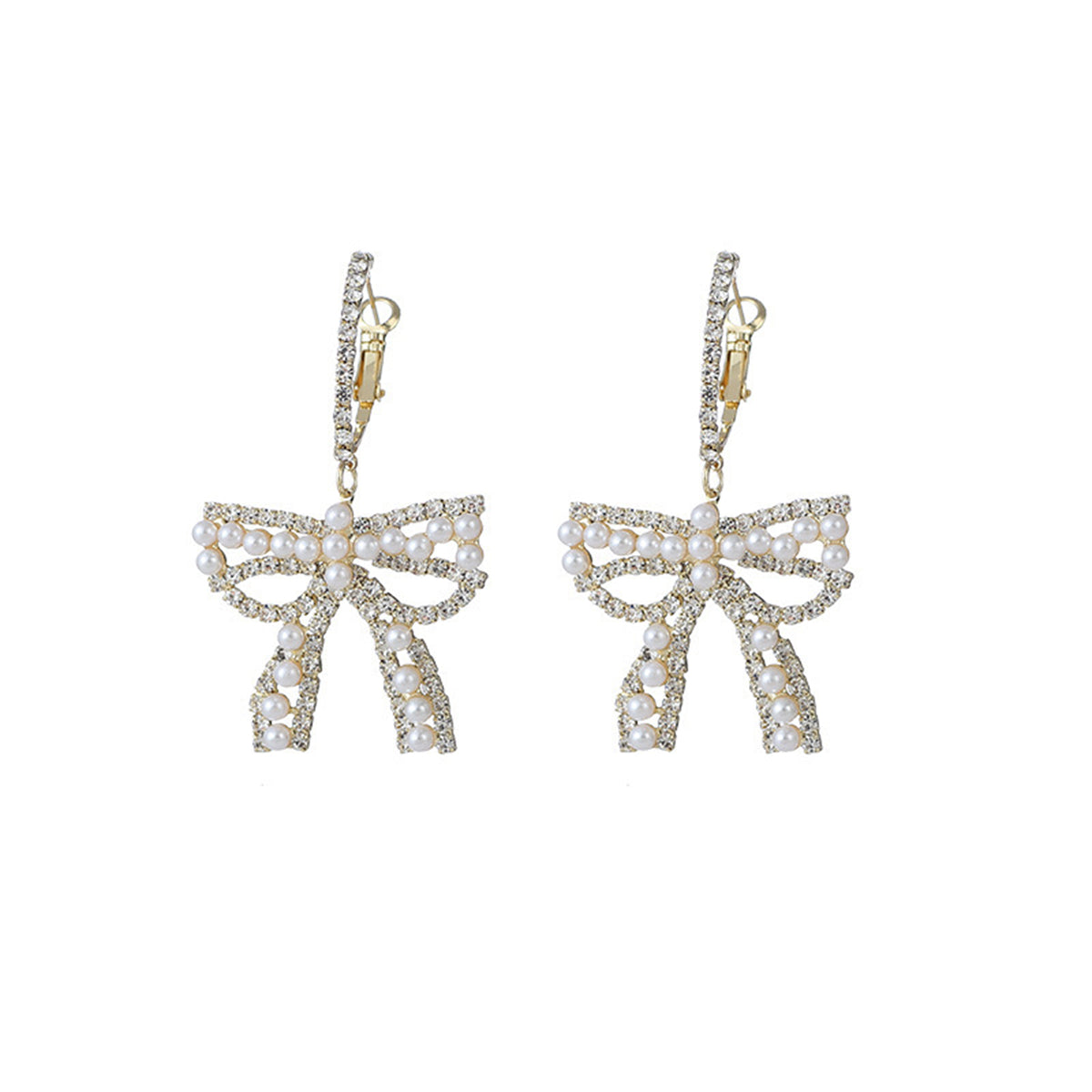 Cubic Zirconia and Pearl Bow Huggie Drop Earrings, huggie earrings, botanical inspired, lifestyle look