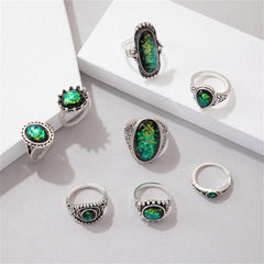 Black & Silver-Plated Long Oval Ring Set