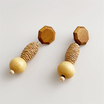 Wood and Rattan Geometric Tiered Drop Earrings, drop earrings for women, dainty minimalist design, styled look