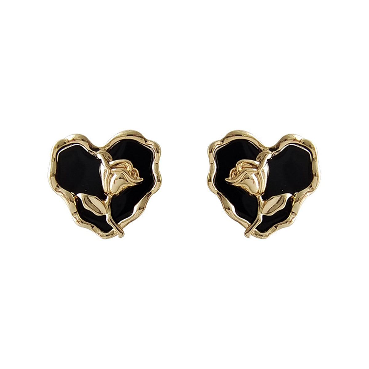 Black Enamel & 18K Gold-Plated Rose Heart Stud Earrings