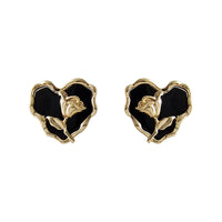 Black Enamel & 18k Gold-Plated Rose Heart Stud Earrings