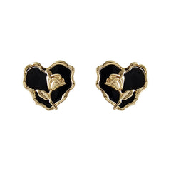 Black Enamel & 18K Gold-Plated Rose Heart Stud Earrings