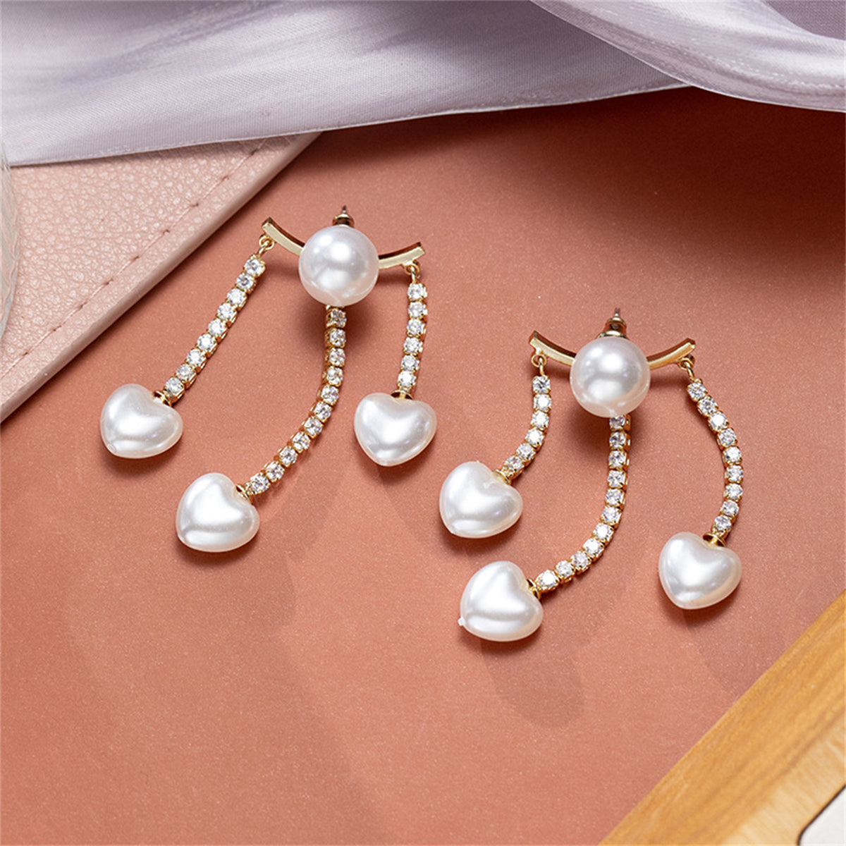 Cubic Zirconia and Pearl 18K Gold-Plated Heart Tassel Ear Jackets, gold drop earrings for women, side view