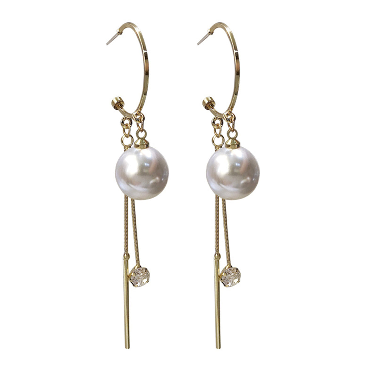 Pearl & Cubic Zirconia 18K Gold-Plated Ball Bar Tassel Huggie Earrings