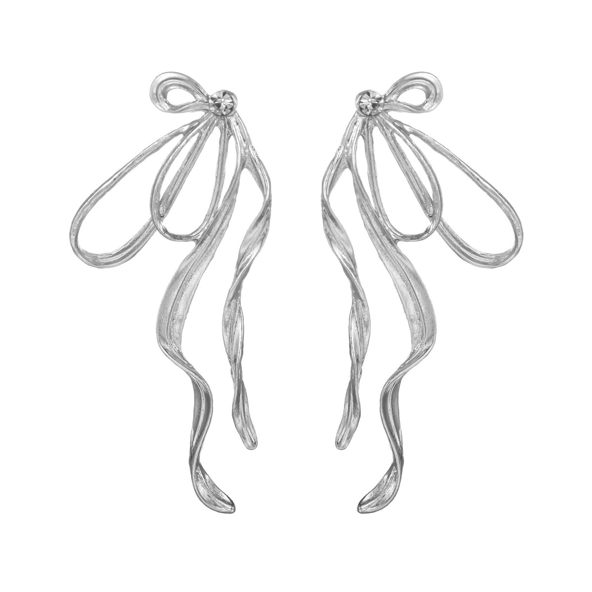 Cubic Zirconia and Silver-Plated Twist Bow Drop Earrings, silver drop earrings for women, everyday style, front view