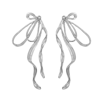 Cubic Zirconia and Silver-Plated Twist Bow Drop Earrings, silver drop earrings for women, everyday style, front view