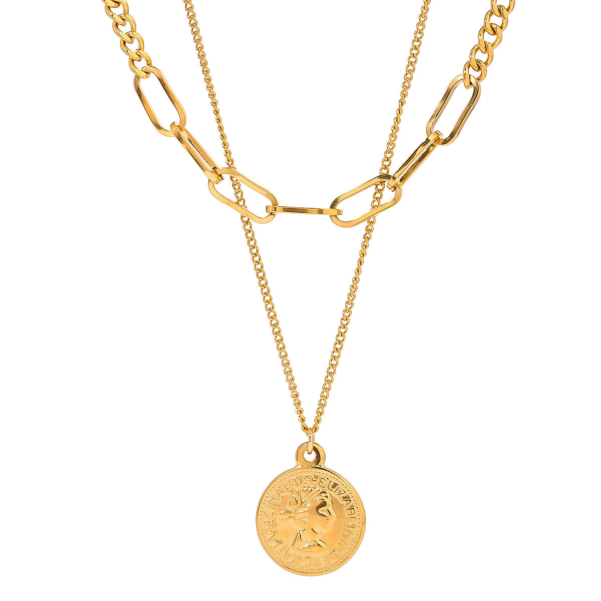 18K gold-plated layered pendant necklace showcasing a beautiful 'Queen Elizabeth' coin charm, a timeless accessory.