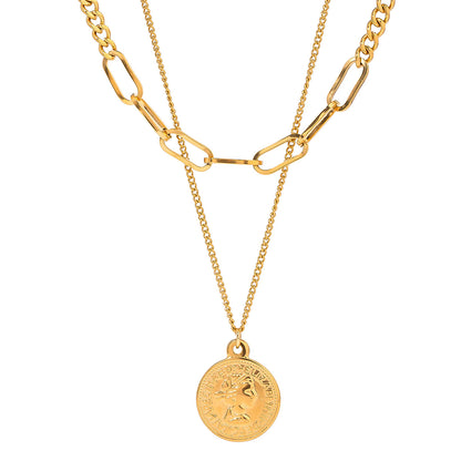 18K Gold-Plated 'Queen Elizabeth' Coin Layered Pendant Necklace, gold pendant necklace for women, everyday style, side view