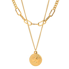 18K gold-plated layered pendant necklace showcasing a beautiful 'Queen Elizabeth' coin charm, a timeless accessory.
