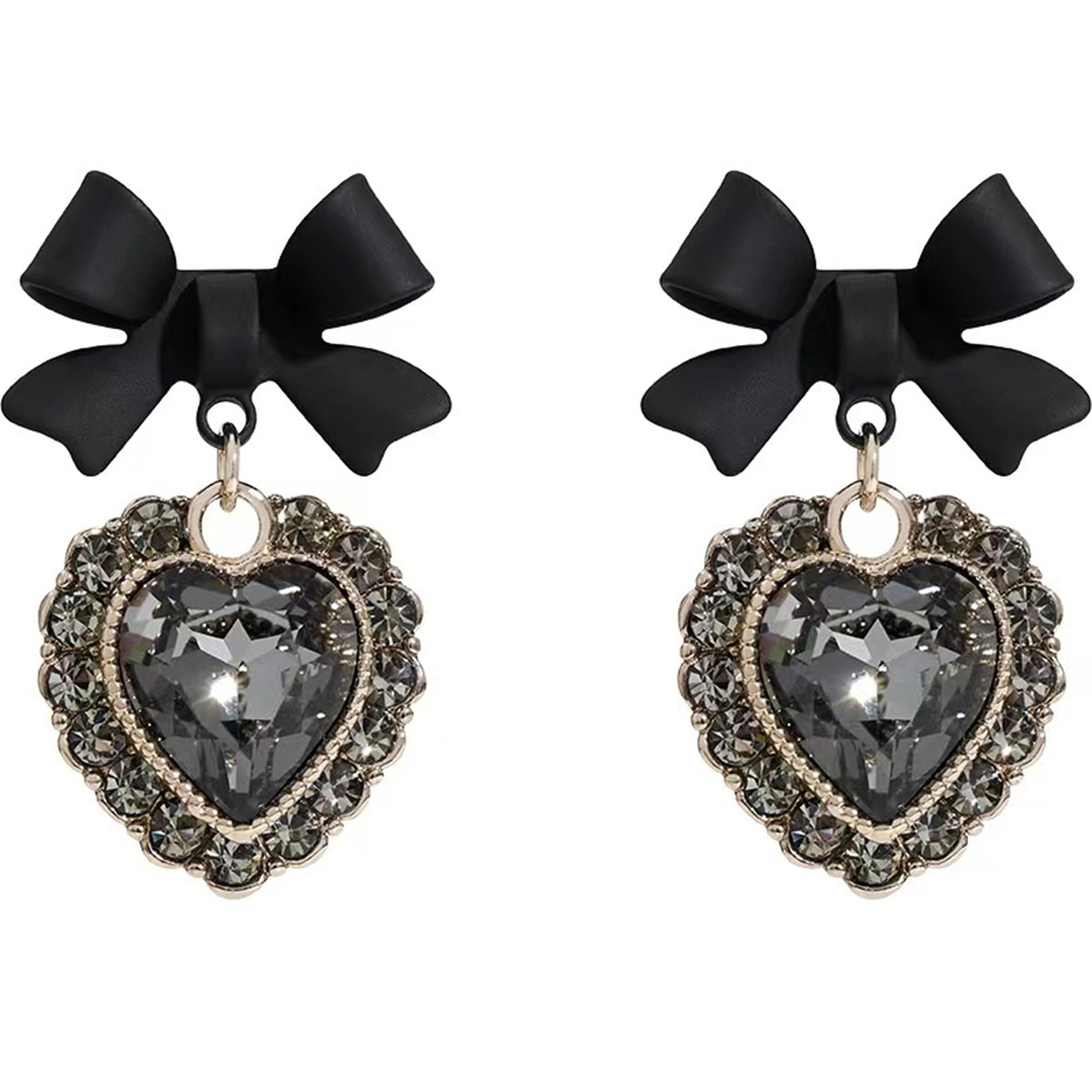 Cubic Zirconia and Black Crystal Bow Heart Drop Earrings, drop earrings for women, elegant gift for her, side view
