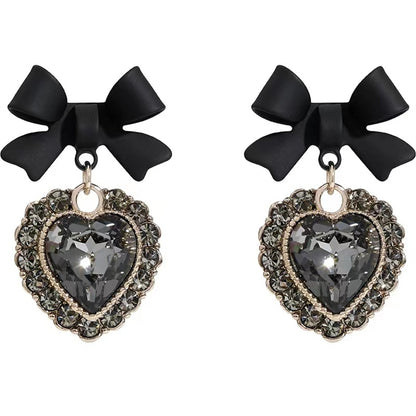 Cubic Zirconia and Black Crystal Bow Heart Drop Earrings, drop earrings for women, elegant gift for her, side view