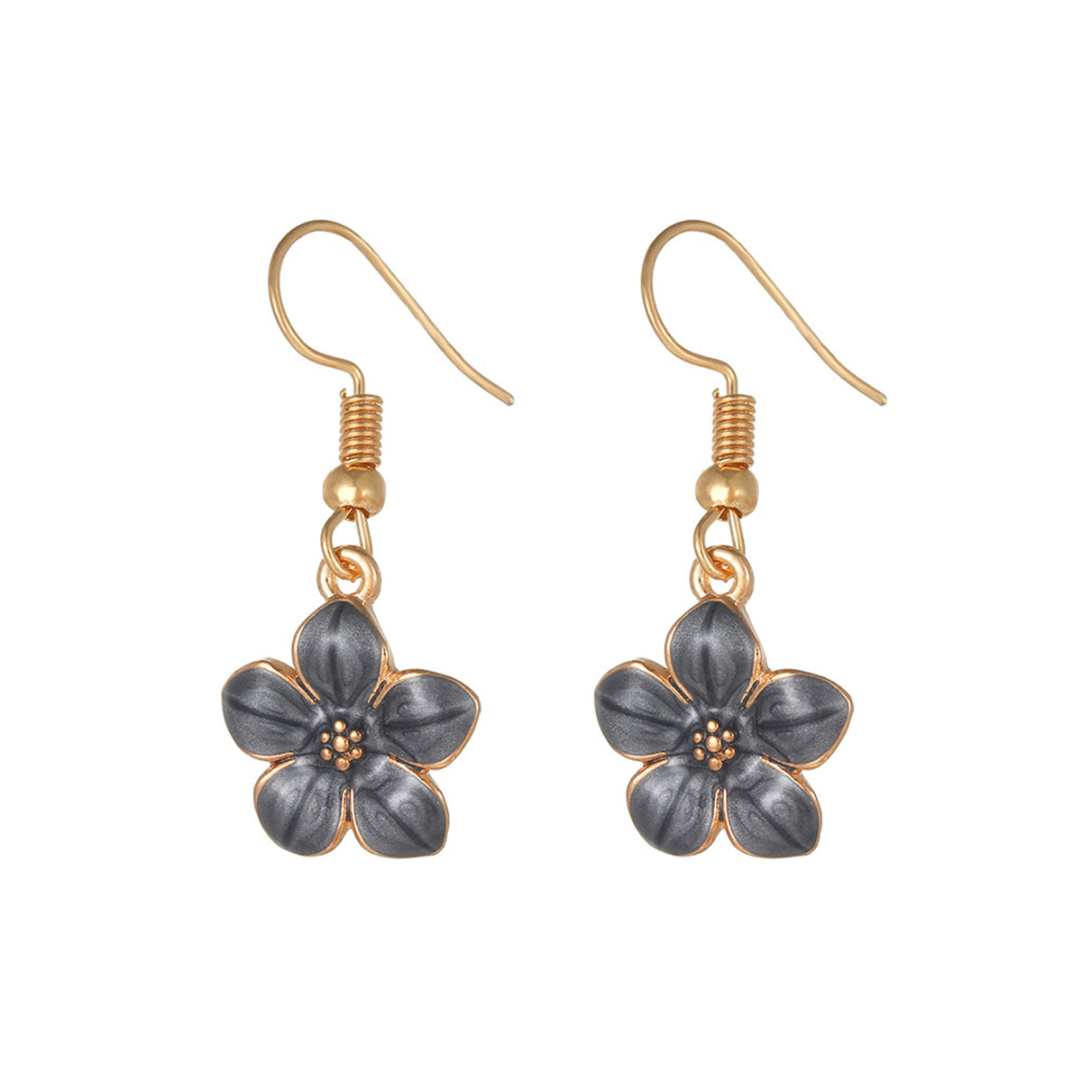 Black Enamel and 18K Gold-Plated Flower Drop Earrings, gold drop earrings for women, vintage-inspired design, side view