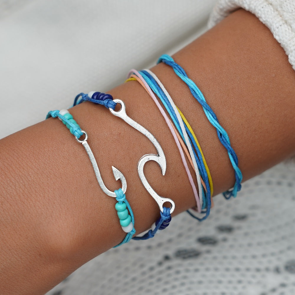 Turquoise and Silver-Plated Fishing Hook Bracelet Set, jewelry gift sets for women, everyday style, front view