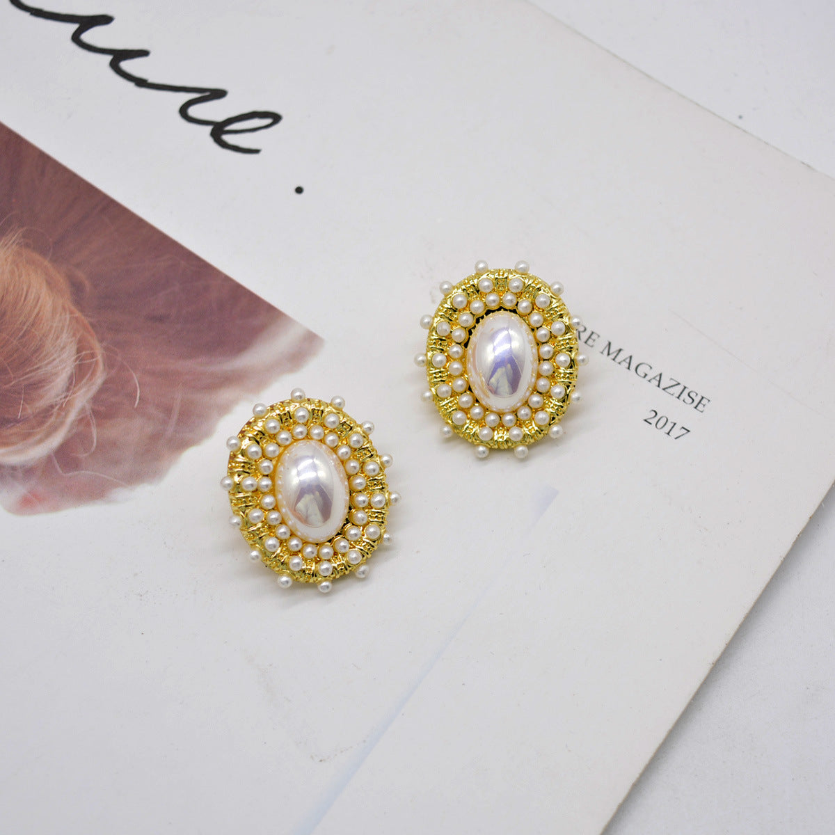 Pearl and 18K Gold-Plated Halo Oval Stud Earrings, gold stud earrings for women, botanical inspired, lifestyle look